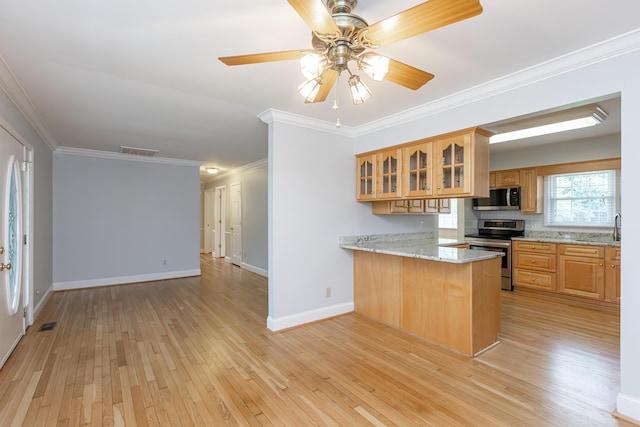 471 Westerfield Way Unit 40503, Lexington, KY 40503 - kitchen with appliances with stainless steel finishes, glass insert cabinets, light wood-style floors, crown molding, and a peninsula