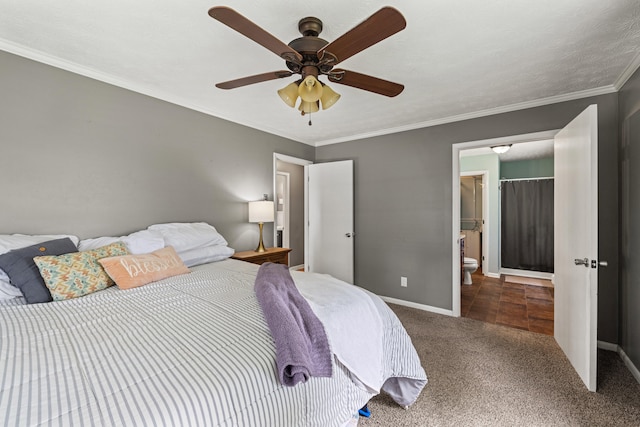 215 New Dixville Rd, Harrodsburg, KY 40330 - carpeted bedroom with ceiling fan, ensuite bath, and ornamental molding