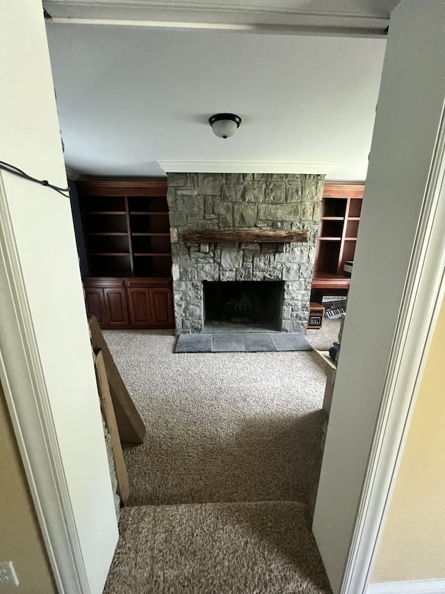8585 Troy Pike, Versailles, KY 40383 - unfurnished living room featuring carpet and a fireplace