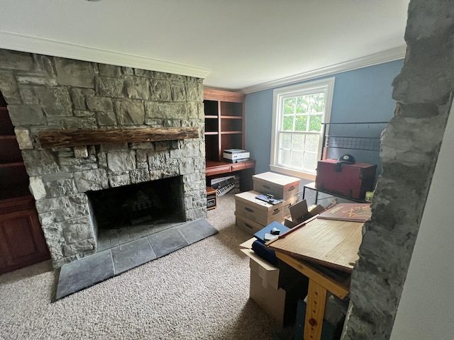 8585 Troy Pike, Versailles, KY 40383 - office area featuring crown molding, a fireplace, and carpet