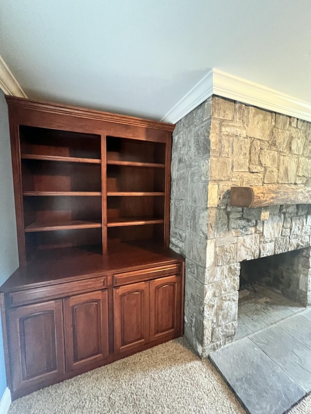 8585 Troy Pike, Versailles, KY 40383 - detailed view of ornamental molding, a fireplace, and carpet flooring