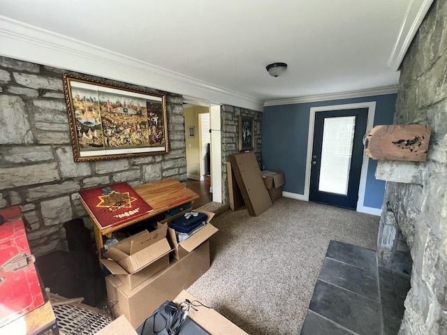 8585 Troy Pike, Versailles, KY 40383 - living room with ornamental molding, a fireplace, and carpet flooring