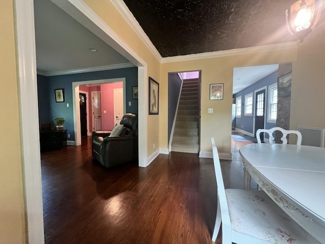 8585 Troy Pike, Versailles, KY 40383 - dining room featuring dark wood-style flooring, stairway, and crown molding