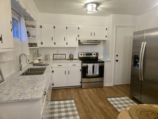105 Kentucky Ave, Somerset, KY 42501 - kitchen featuring stainless steel appliances, under cabinet range hood, backsplash, white cabinets, and dark wood finished floors