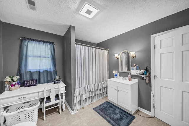 72 Blevins Ln, Vanceburg, KY 41179 - bathroom featuring vanity, a shower with shower curtain, a textured ceiling, and tile patterned floors