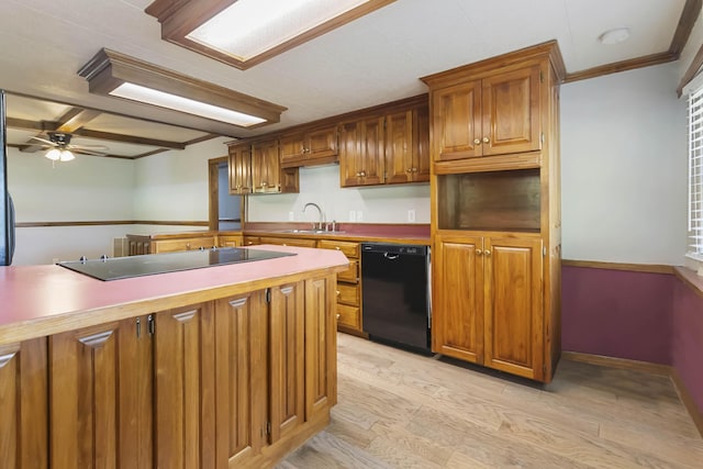 1751 Piney Grove Rd, Somerset, KY 42501 - kitchen featuring black appliances, brown cabinetry, a ceiling fan, crown molding, and light wood-style floors