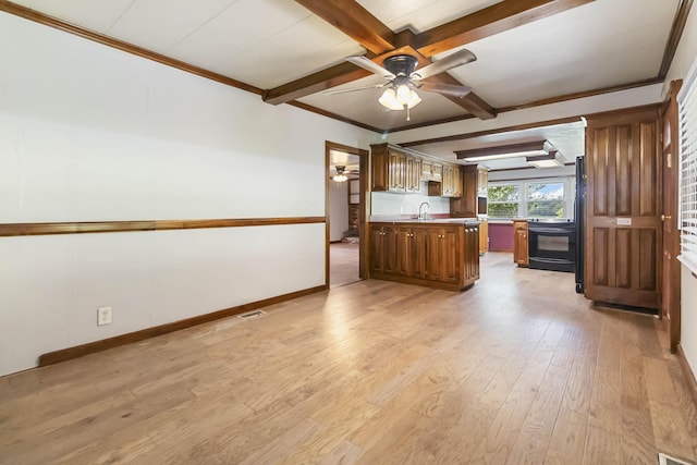 1751 Piney Grove Rd, Somerset, KY 42501 - kitchen with ceiling fan, black electric range oven, light wood-style flooring, crown molding, and beam ceiling