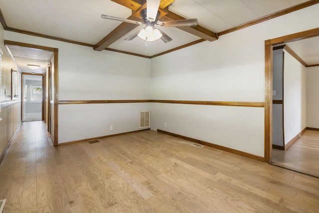 1751 Piney Grove Rd, Somerset, KY 42501 - empty room with a ceiling fan, crown molding, light wood-style flooring, and beam ceiling