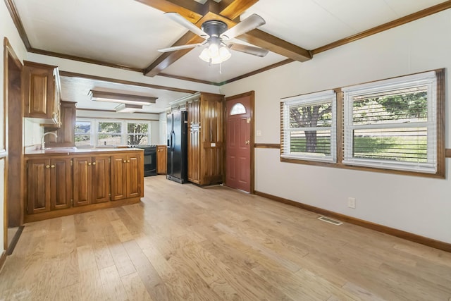 1751 Piney Grove Rd, Somerset, KY 42501 - kitchen featuring black fridge with ice dispenser, light wood-style floors, a ceiling fan, crown molding, and light countertops