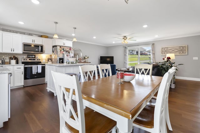 81 Grand Crossing Ct, Somerset, KY 42503 - dining area with crown molding, a ceiling fan, recessed lighting, and dark wood-style floors