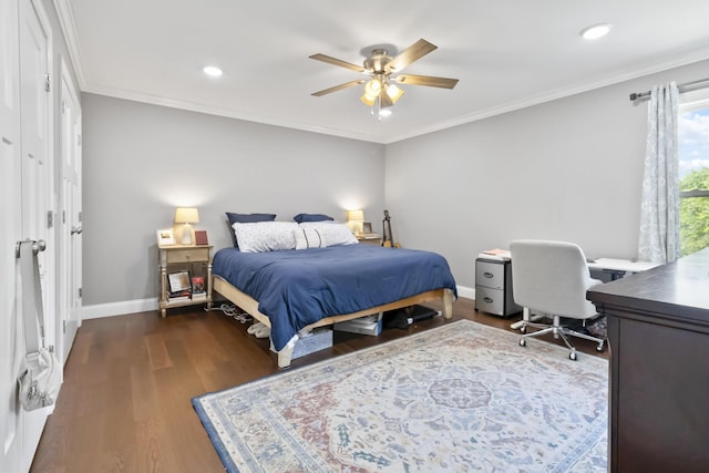81 Grand Crossing Ct, Somerset, KY 42503 - bedroom featuring dark wood-style floors, crown molding, recessed lighting, a ceiling fan, and a desk