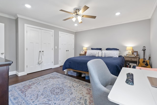 81 Grand Crossing Ct, Somerset, KY 42503 - bedroom with two closets, wood finished floors, recessed lighting, ornamental molding, and a ceiling fan