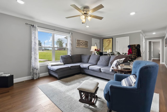 81 Grand Crossing Ct, Somerset, KY 42503 - living area featuring ceiling fan, recessed lighting, ornamental molding, and wood finished floors