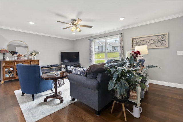 81 Grand Crossing Ct, Somerset, KY 42503 - living room with a ceiling fan, wood finished floors, ornamental molding, and recessed lighting