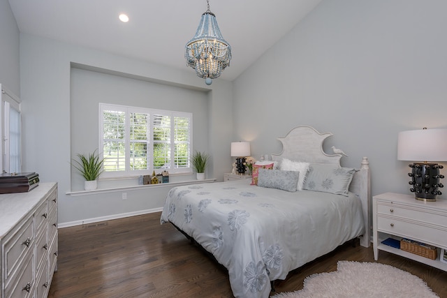 1107 Zoeller Ct, Lexington, KY 40511 - bedroom featuring a chandelier, dark wood-style flooring, lofted ceiling, and recessed lighting