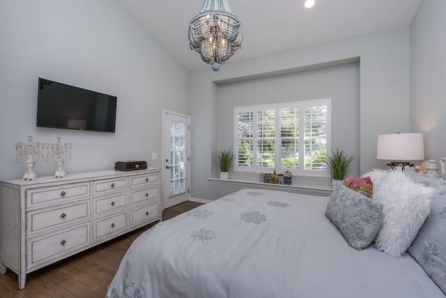 1107 Zoeller Ct, Lexington, KY 40511 - bedroom featuring access to exterior, a chandelier, dark wood-type flooring, and lofted ceiling