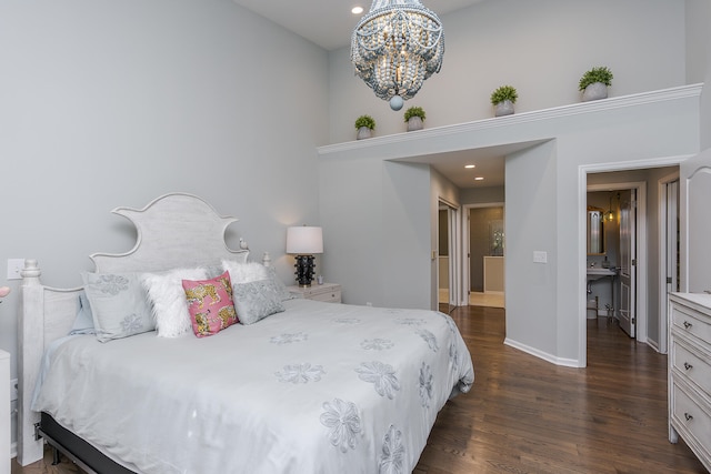 1107 Zoeller Ct, Lexington, KY 40511 - bedroom featuring dark wood-style floors, a chandelier, a towering ceiling, and recessed lighting