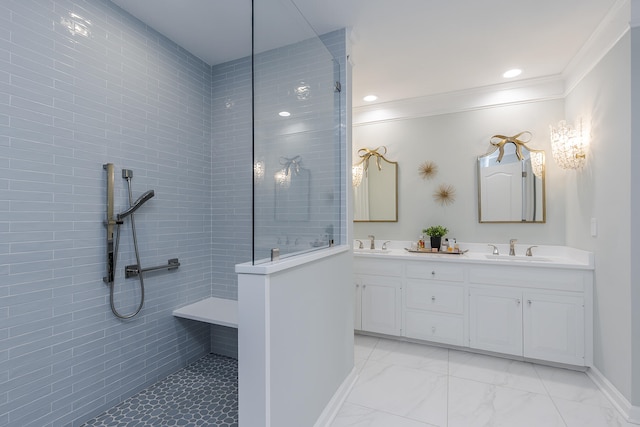1107 Zoeller Ct, Lexington, KY 40511 - bathroom with a walk in shower, double vanity, crown molding, and marble finish flooring