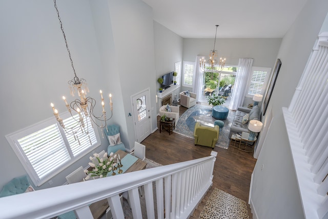 1107 Zoeller Ct, Lexington, KY 40511 - stairs with a chandelier, wood finished floors, and high vaulted ceiling