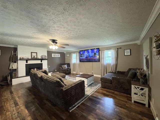 190 Keeneland Trl, Corbin, KY 40701 - living area with wood finished floors, plenty of natural light, a textured ceiling, crown molding, and a brick fireplace