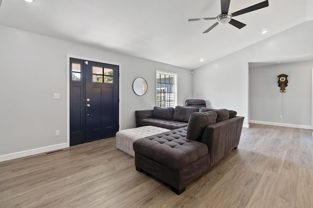 168 Kentucky Ln, Pine Knot, KY 42635 - living area featuring ceiling fan, light wood-style flooring, vaulted ceiling, and recessed lighting
