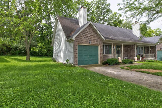 109 Quail Ridge Rd, Winchester, KY 40391 - view of front facade featuring a chimney, a garage, covered porch, a front lawn, and concrete driveway