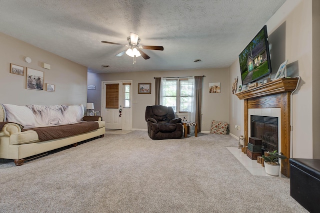 109 Quail Ridge Rd, Winchester, KY 40391 - living area with a ceiling fan, carpet flooring, a textured ceiling, and a fireplace