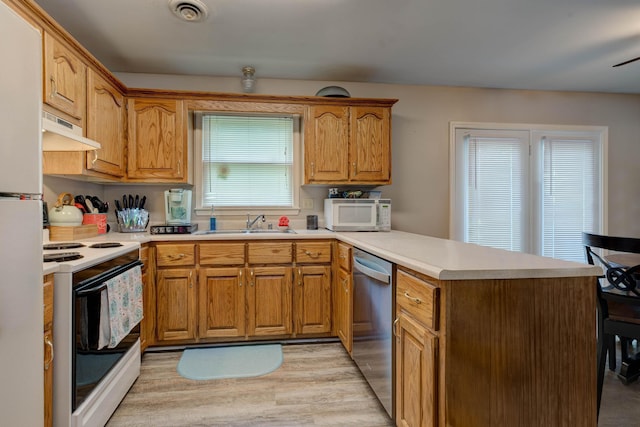 111 Quail Ridge Rd, Winchester, KY 40391 - kitchen featuring white appliances, a peninsula, under cabinet range hood, light wood-type flooring, and light countertops