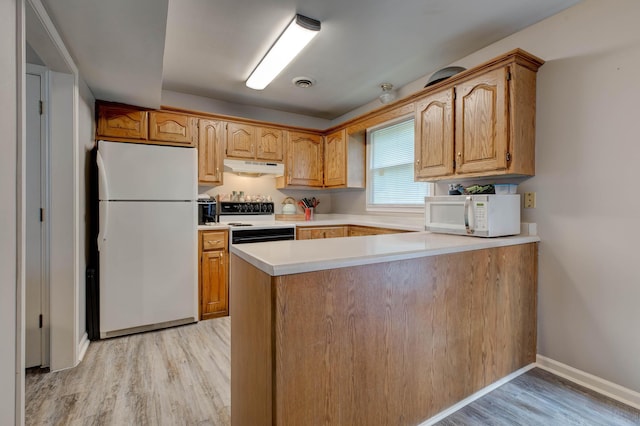 111 Quail Ridge Rd, Winchester, KY 40391 - kitchen with white appliances, under cabinet range hood, light wood-style floors, light countertops, and a peninsula