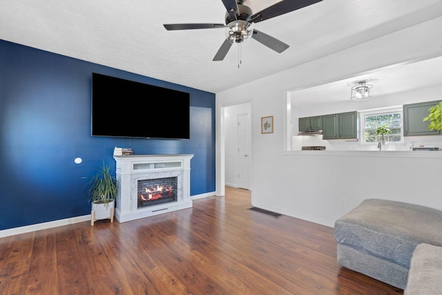 109 Creekstone Ct, Frankfort, KY 40601 - living room with wood finished floors, a ceiling fan, and a high end fireplace