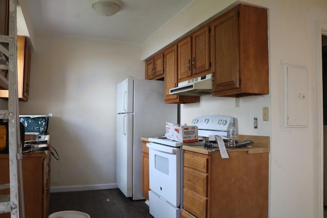 382 W Main St, Carlisle, KY 40311 - kitchen featuring white appliances, under cabinet range hood, brown cabinetry, electric panel, and light countertops