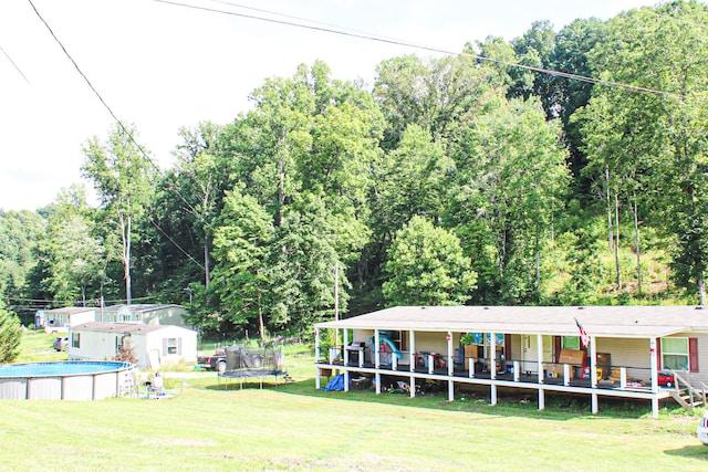 610 Freeman Branch Rd, East Bernstadt, KY 40729 - view of green lawn featuring an outdoor pool, a trampoline, and a shed