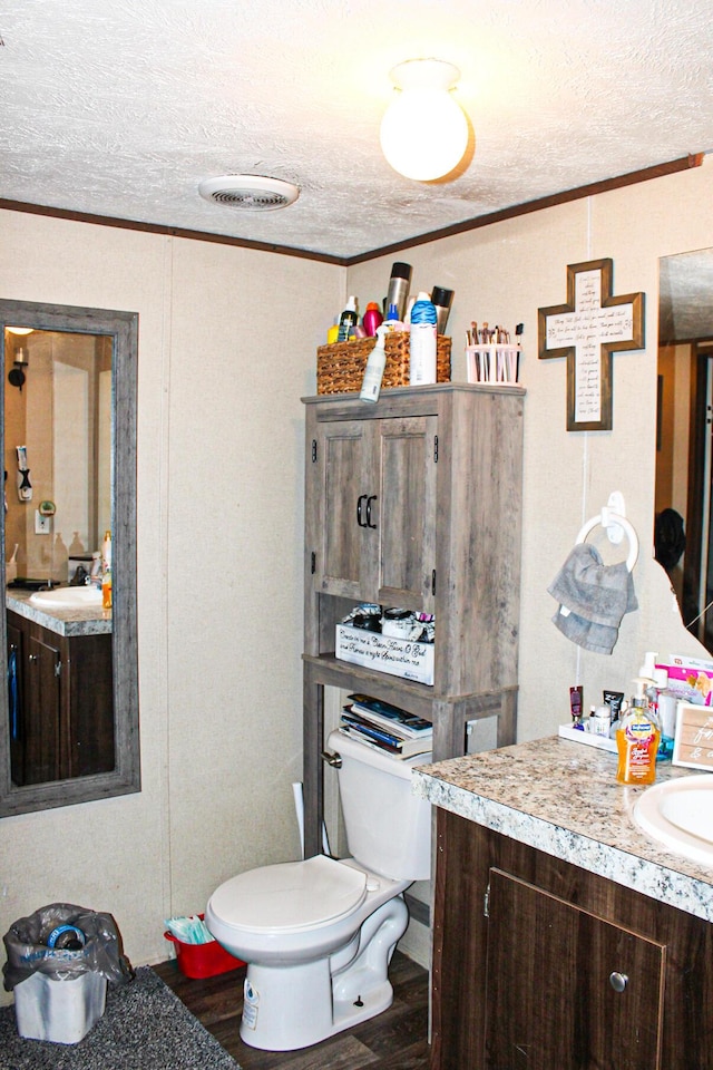 610 Freeman Branch Rd, East Bernstadt, KY 40729 - bathroom with vanity, ornamental molding, a textured ceiling, and wood finished floors