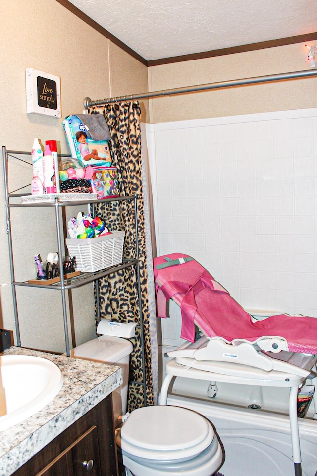 610 Freeman Branch Rd, East Bernstadt, KY 40729 - full bathroom with ornamental molding, vanity, a shower with curtain, and a textured ceiling
