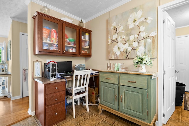 1809 Pine Top Rd, London, KY 40741 - office with built in desk, a textured ceiling, and ornamental molding
