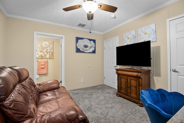 1809 Pine Top Rd, London, KY 40741 - living room featuring carpet flooring, a ceiling fan, and ornamental molding