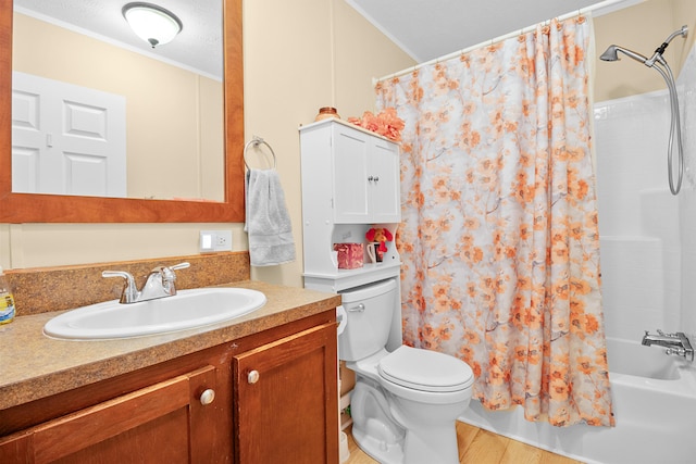 1809 Pine Top Rd, London, KY 40741 - bathroom with vanity, ornamental molding, shower / bathtub combination with curtain, and wood finished floors