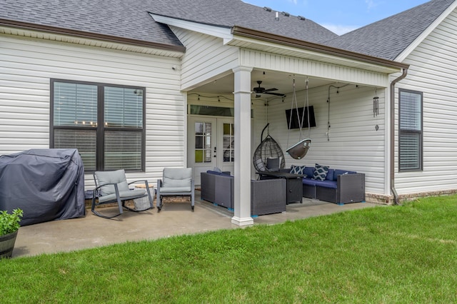 1912 Tidewater Flt, Lexington, KY 40509 - rear view of property with an outdoor living space, a shingled roof, a ceiling fan, and a patio