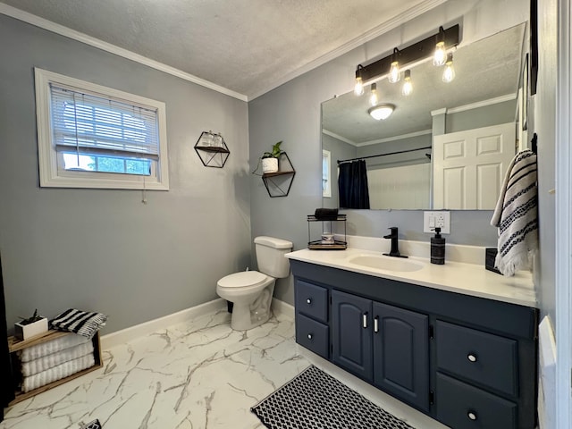 120 Lanetown Rd, Nancy, KY 42544 - bathroom featuring vanity, ornamental molding, marble finish floors, a shower with shower curtain, and a textured ceiling