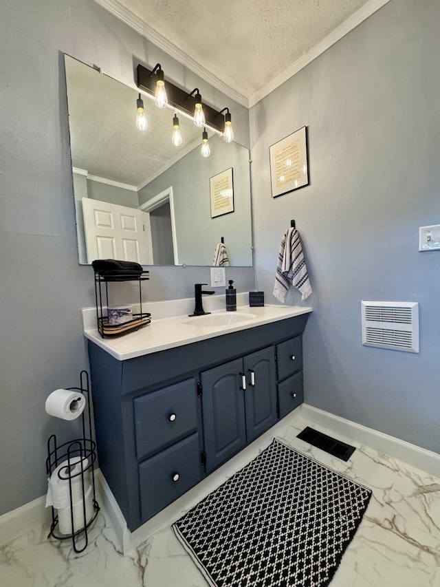 120 Lanetown Rd, Nancy, KY 42544 - bathroom featuring ornamental molding, marble finish floors, vanity, and a textured ceiling