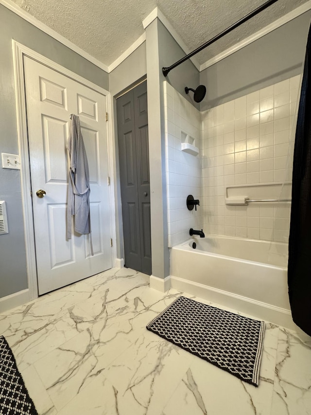 120 Lanetown Rd, Nancy, KY 42544 - bathroom featuring shower / bathtub combination with curtain, marble look tile flooring, a textured ceiling, crown molding, and a closet