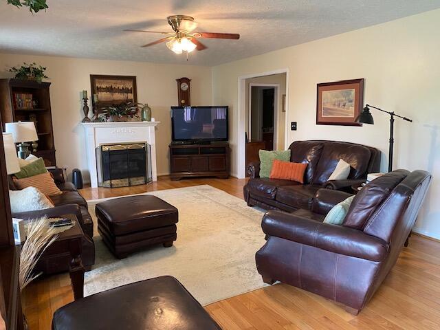 407 Autumn Dr, Lancaster, KY 40444 - living room with a ceiling fan, a glass covered fireplace, and light wood-style floors