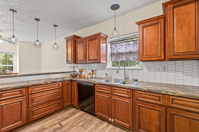 332 Weslyn Way, Nicholasville, KY 40356 - kitchen with dishwasher, light wood-style floors, hanging light fixtures, tasteful backsplash, and a textured ceiling
