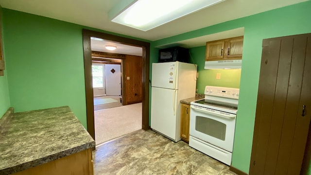 2240 Denny Ridge Rd, Nancy, KY 42544 - kitchen with white appliances, under cabinet range hood, and dark countertops