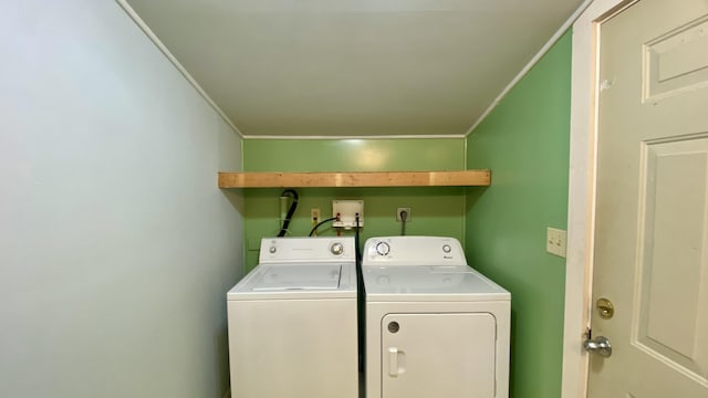 2240 Denny Ridge Rd, Nancy, KY 42544 - washroom featuring crown molding and separate washer and dryer