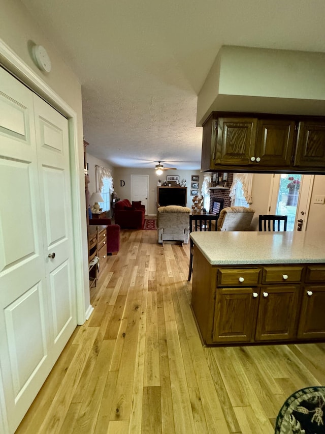 4295 Vince Rd, Nicholasville, KY 40356 - kitchen featuring a brick fireplace, light wood-style floors, open floor plan, dark brown cabinets, and a textured ceiling