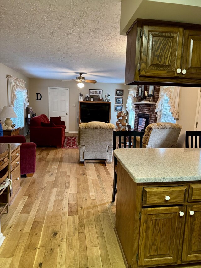 4295 Vince Rd, Nicholasville, KY 40356 - kitchen featuring open floor plan, light wood finished floors, ceiling fan, light countertops, and a textured ceiling