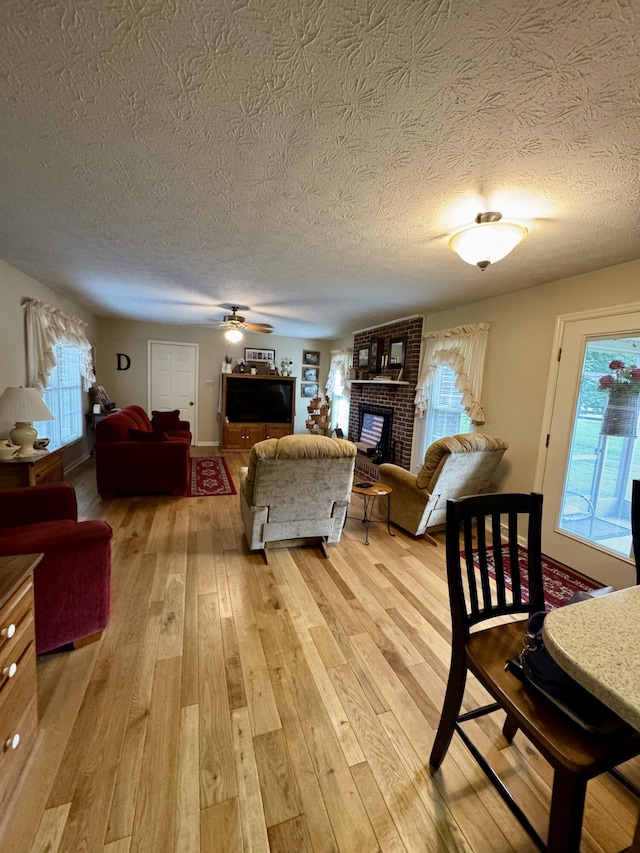 4295 Vince Rd, Nicholasville, KY 40356 - living room featuring a textured ceiling, plenty of natural light, light wood-style floors, and a fireplace
