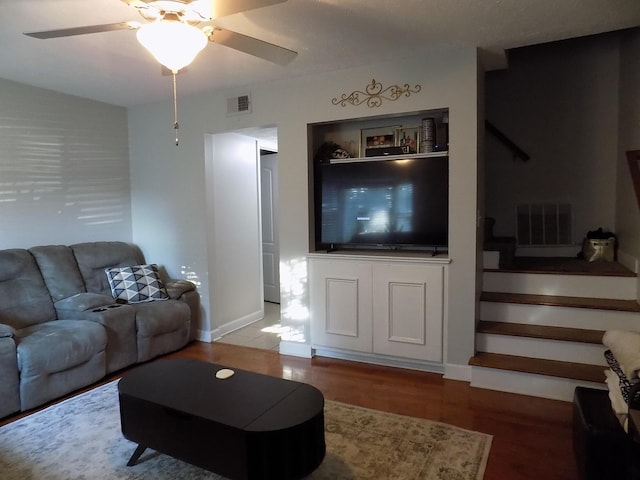 131 Regency Point Path, Lexington, KY 40503 - living area with wood finished floors, a ceiling fan, and stairs