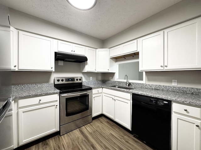 404 Bainbridge Ct Unit E3, Lexington, KY 40509 - kitchen with black dishwasher, electric range, under cabinet range hood, dark wood-type flooring, and white cabinetry